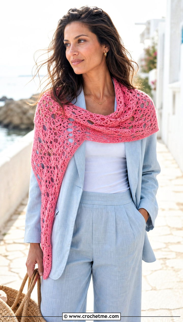 Openwork Crochet Scarf With Linen Suit And Sandals - 30 easy crochet scarfs outfit ideas