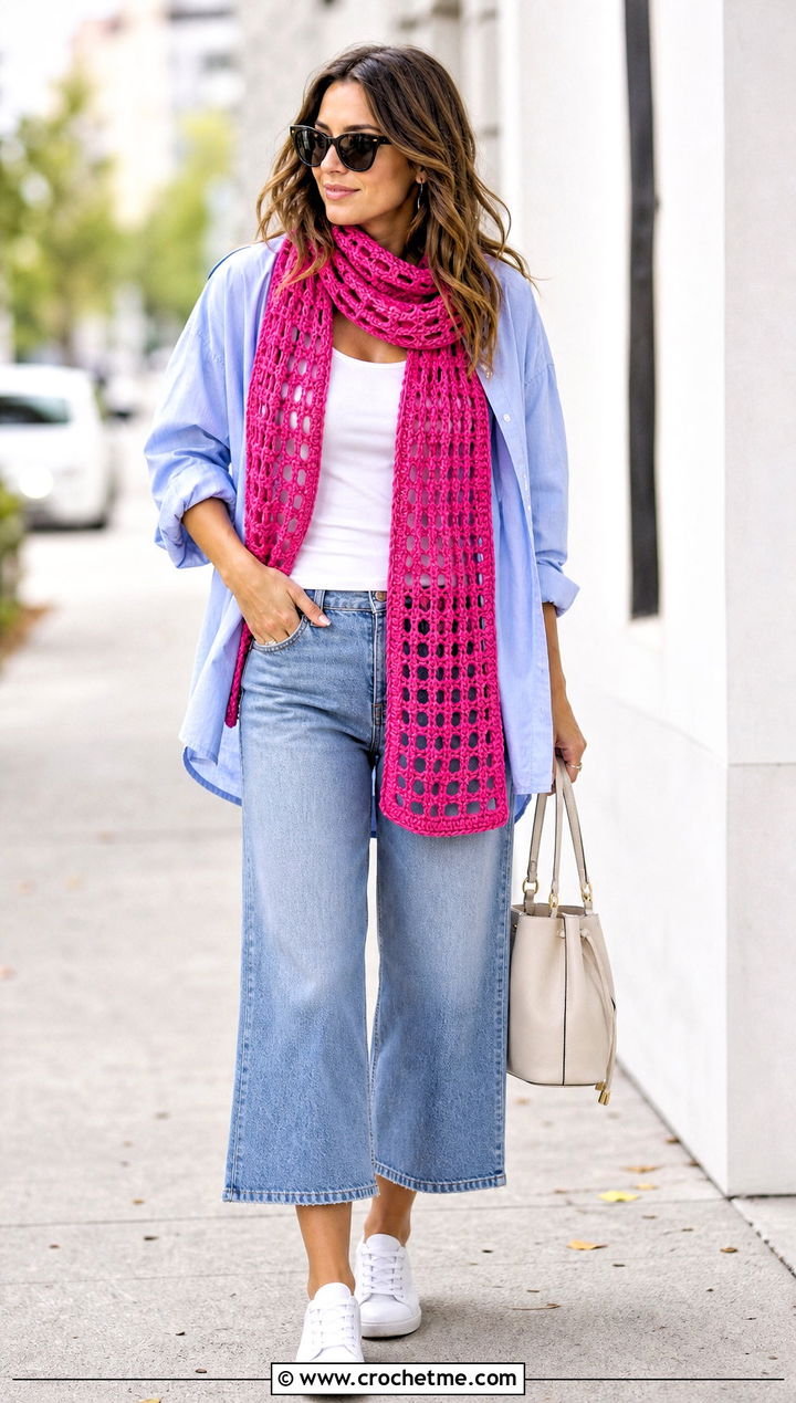 Openwork Crochet Scarf With Oversized Shirt - 35 crochet neck scarf outfit ideas