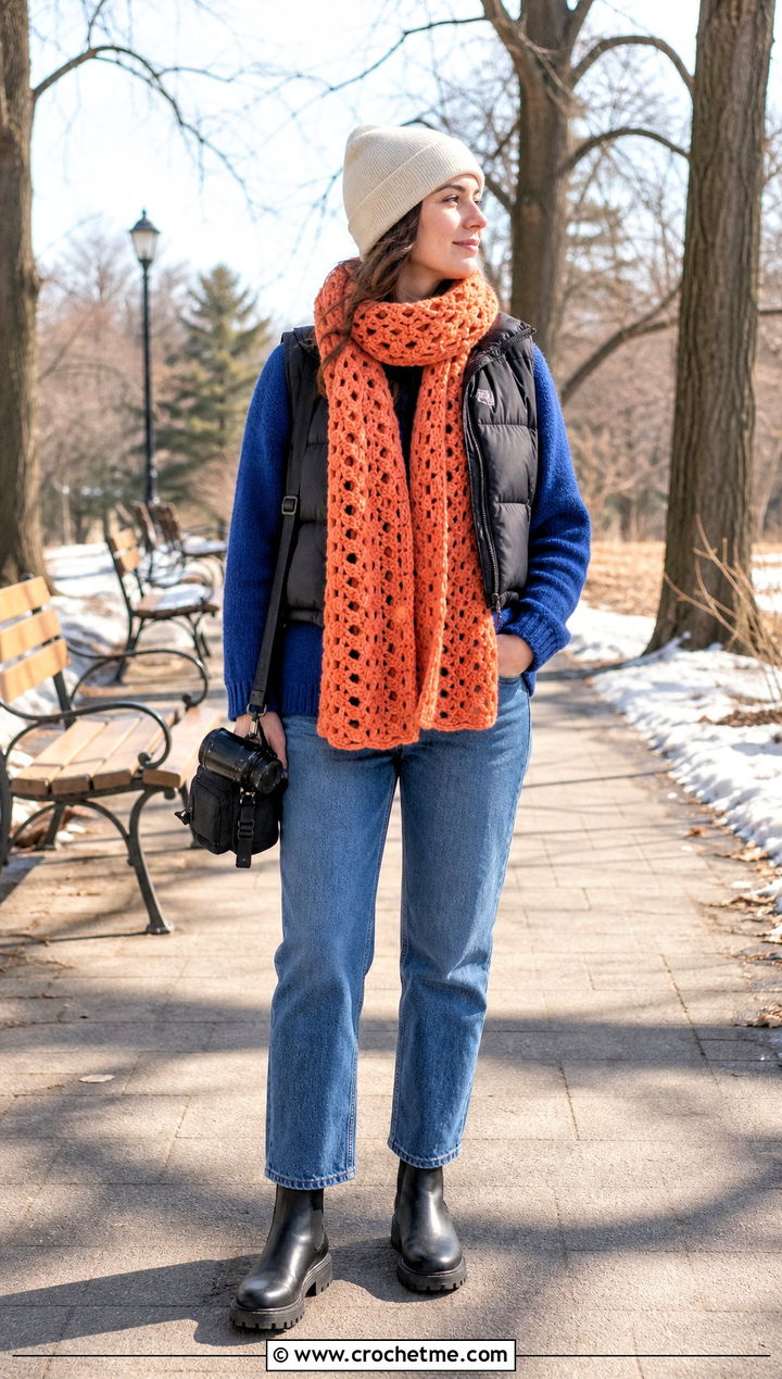Openwork Crochet Scarf With Puffer Vest and Sweater - 35 Winter Crochet Scarf outfit ideas
