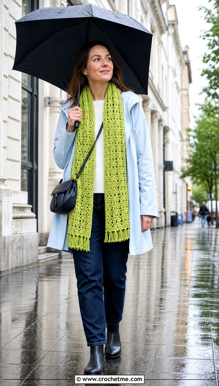 Openwork Crochet Scarf With Raincoat And Ankle Boots - 35 small crochet scarf outfit ideas