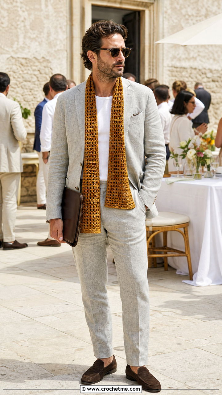 Openwork Crochet Scarf With Summer Suit - 35 crochet scarf for men outfit ideas