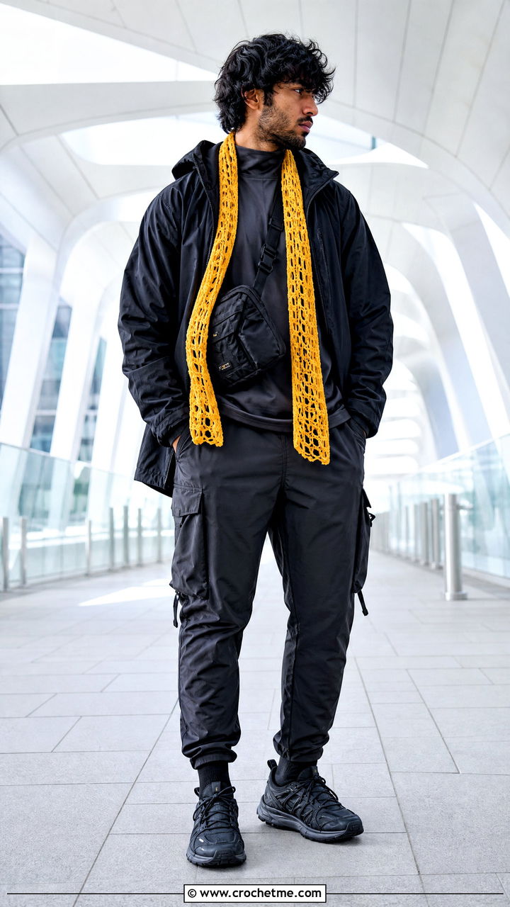 Openwork Crochet Scarf With Techwear Outfit - 35 men's crochet scarf outfit ideas
