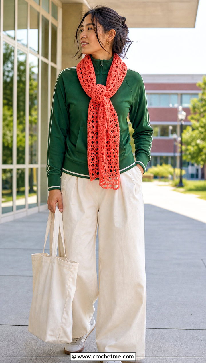 Openwork Crochet Scarf With Track Jacket and Wide Leg Pants - 25 boho crochet scarf outfit ideas