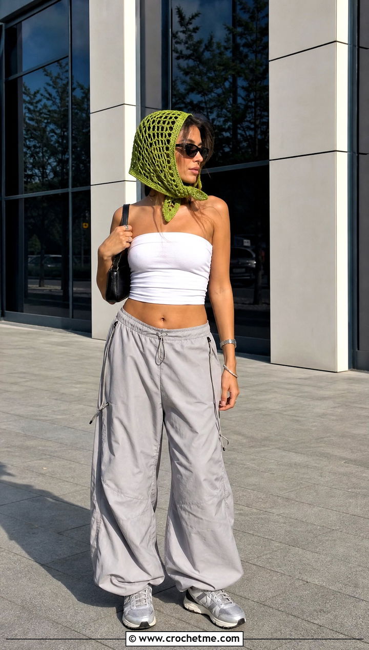 Openwork Crochet Scarf With Tube Top And Parachute Pants - 35 summer crochet scarf outfit ideas