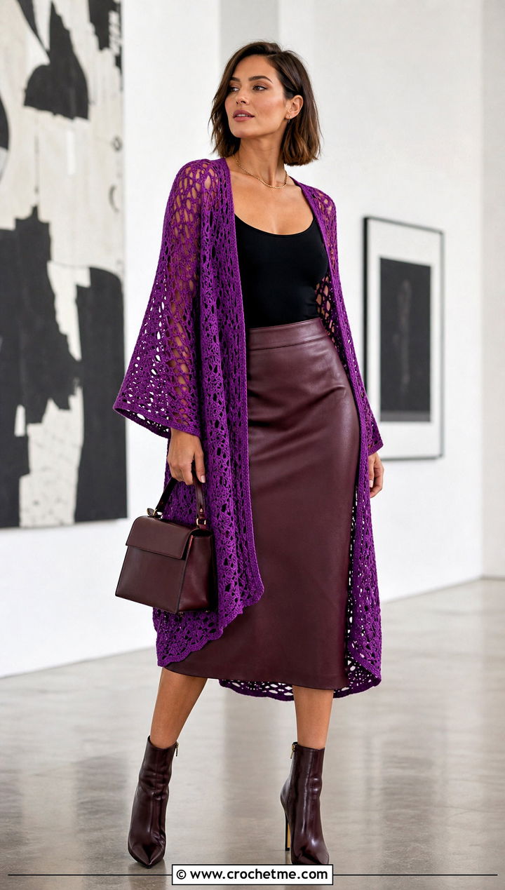 Openwork Crochet Shawl With Sleeves And Leather Midi Skirt - 35 crochet shawl with sleeves outfit ideas
