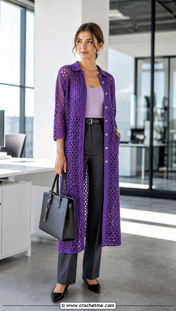 Openwork Crochet Shirt Dress With Tailored Trousers - 35 crochet shirt dress outfit ideas