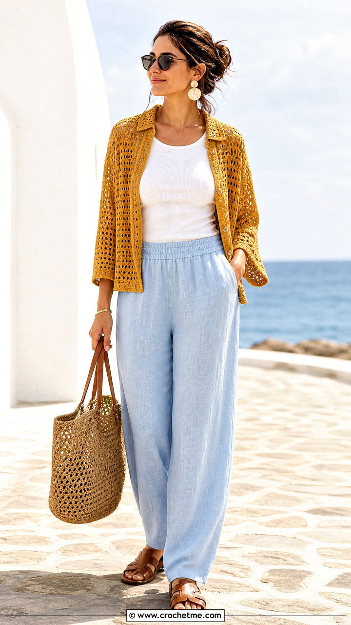 Openwork Crochet Shirt With Linen Trousers - 35 crochet shirts outfit ideas