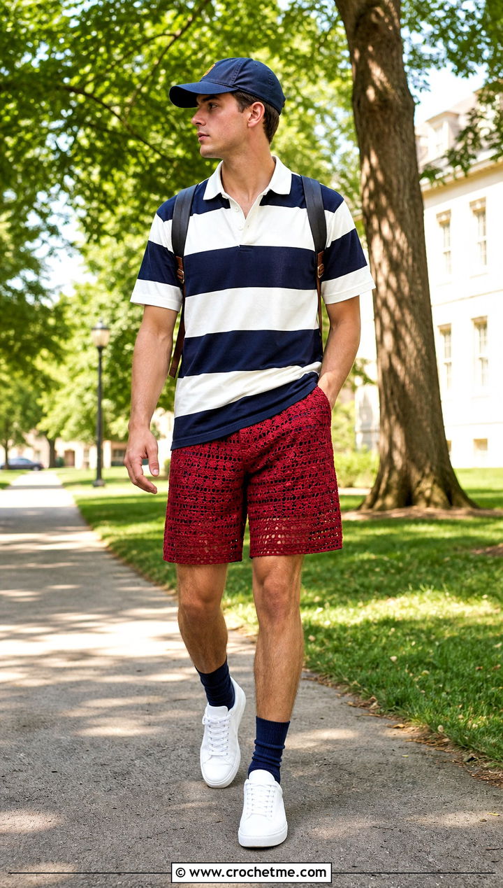 Openwork Crochet Shorts With Rugby Shirt - 15 crochet shorts men outfit ideas