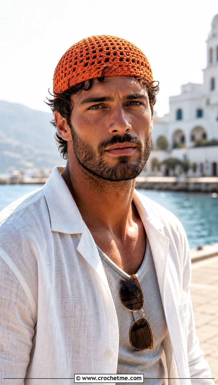 Openwork Crochet Skull Cap With Linen Shirt And Shorts - 25 Crochet Skull Cap For Men outfit ideas
