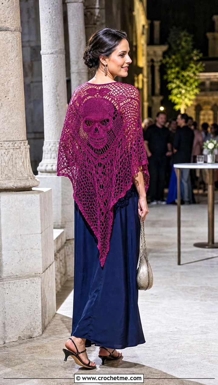 Openwork Crochet Skull Shawl With a Maxi Slip Dress - 35 crochet skull shawl outfit ideas
