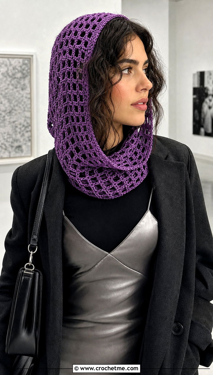Openwork Crochet Snood Hood With Slip Dress - 25 crochet cowl hood outfit ideas