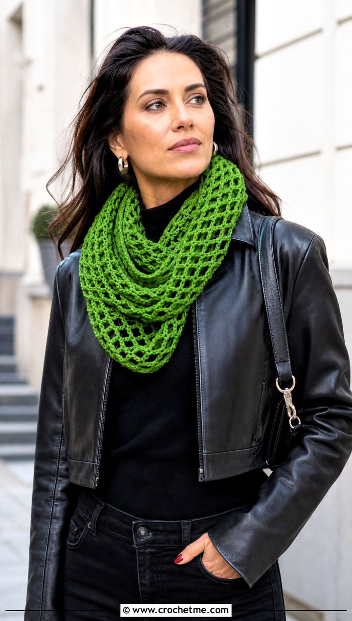 Openwork Crochet Snood Scarf With a Leather Jacket - 25 crochet snood scarf outfit ideas