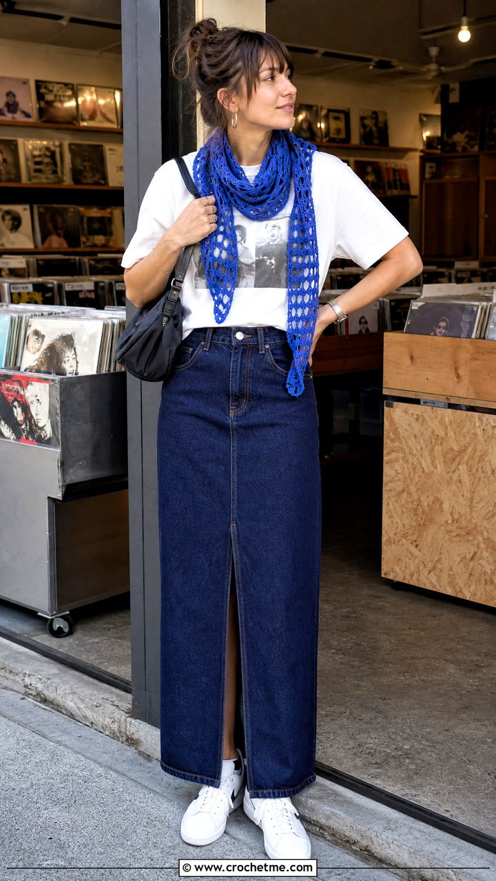 Openwork Crochet Sophie Scarf With Graphic Tee And Denim Maxi Skirt - 35 crochet sophie scarf outfit ideas