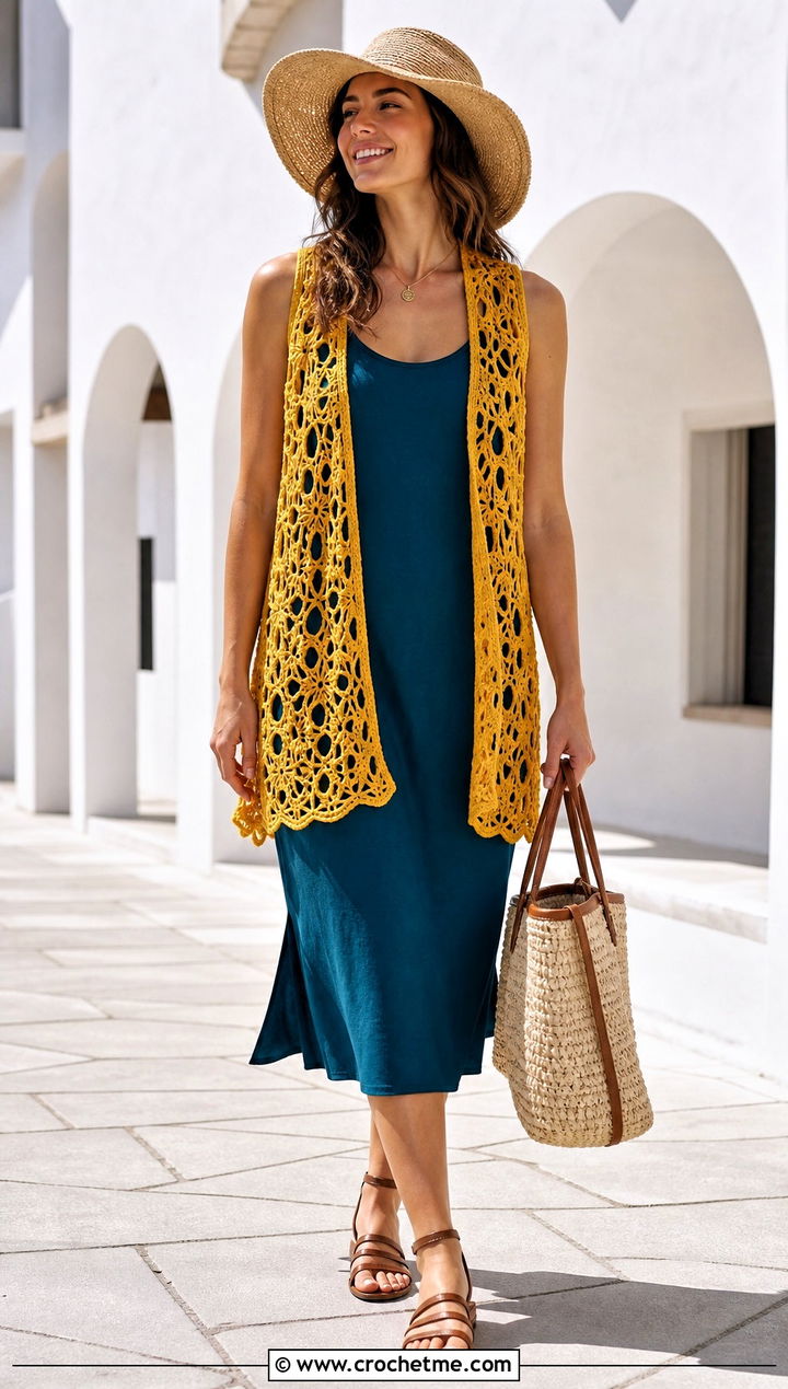 Openwork Crochet Summer Vest With a Tank Dress - 35 Crochet Summer Vest outfit ideas