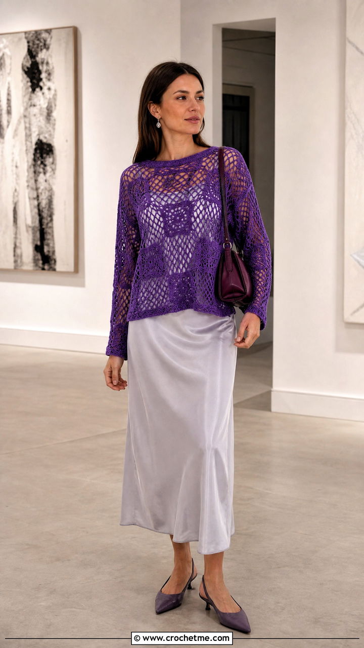 Openwork Crochet Sweater Over A Satin Slip Dress - 35 colorful crochet sweater outfit ideas