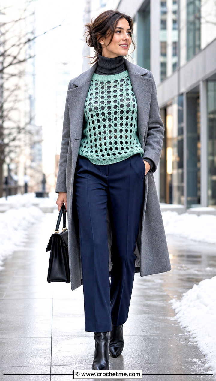 Openwork Crochet Sweater Top With Wool Trousers - 30 Crochet Top With Holes outfit ideas