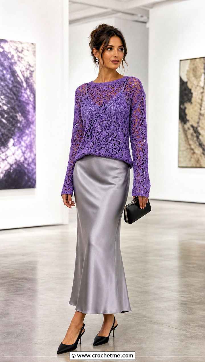 Openwork Crochet Sweater With Satin Slip Skirt - 30 crochet sweater inspiration outfit ideas