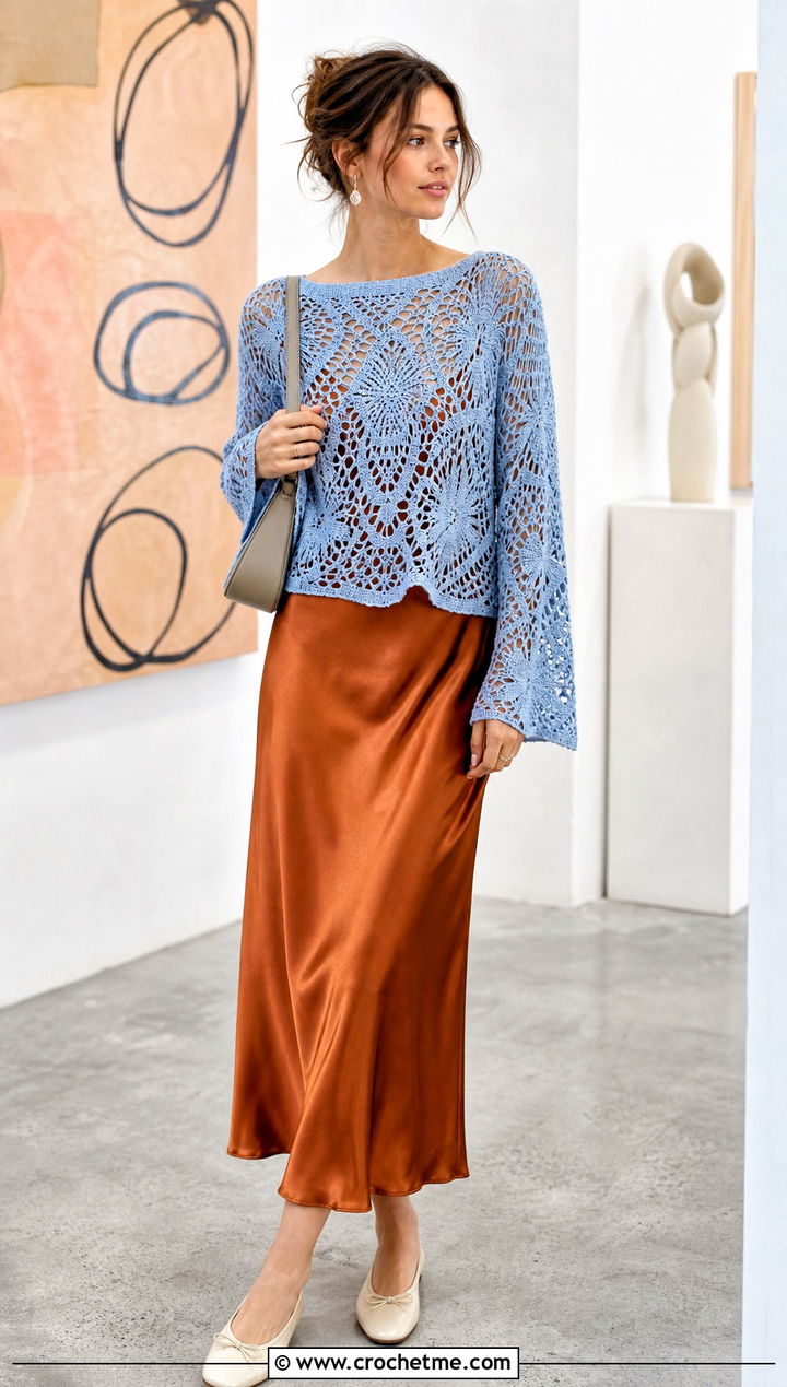 Openwork Crochet Sweater With Slip Dress - 20 Comfy Crochet Sweater outfit ideas