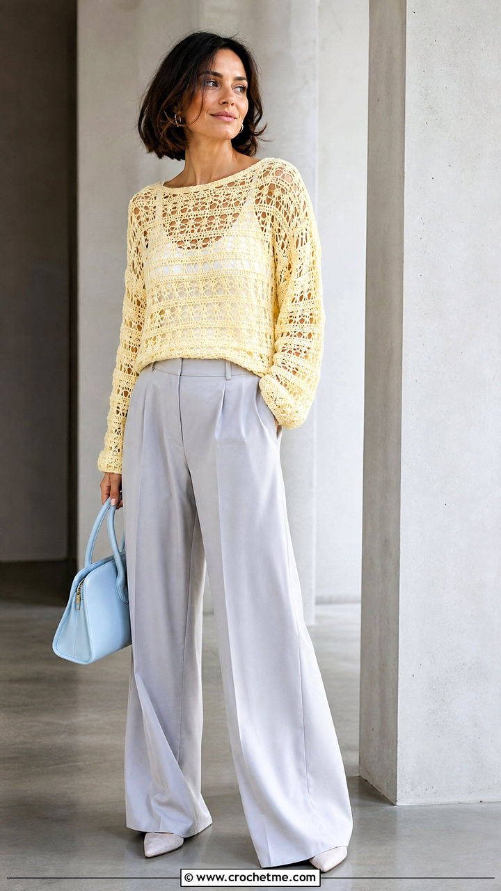 Openwork Crochet Sweater With Wide Leg Trousers - 35 cute crochet sweaters outfit ideas