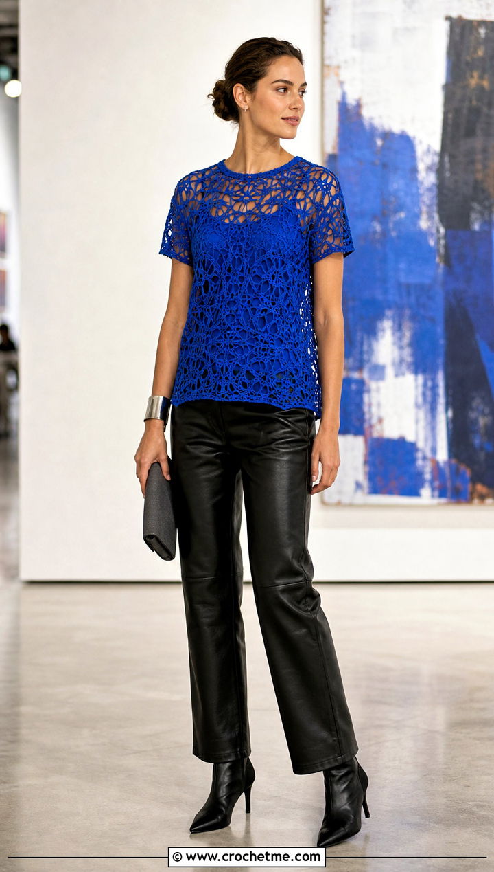 Openwork Crochet Tee With Leather Pants - 35 crochet tee shirt outfit ideas