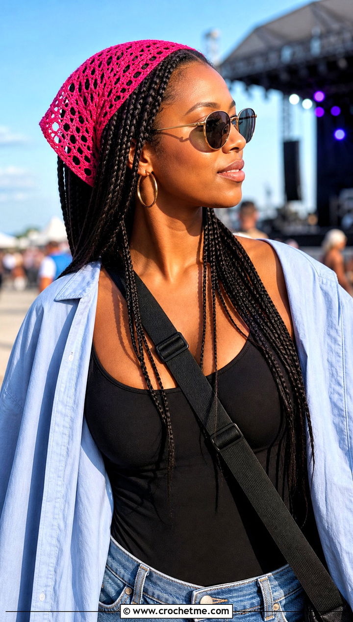 Openwork Crochet Triangle Hair Wrap With Festival Outfit - 30 crochet hair wraps outfit ideas