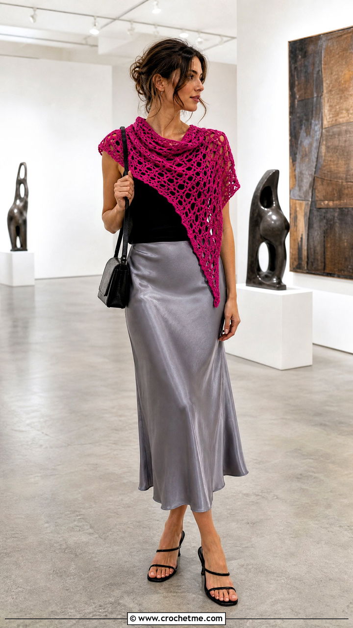 Openwork Crochet Triangle Scarf With Tank Top And Satin Skirt - 35 crochet triangle scarf outfit ideas