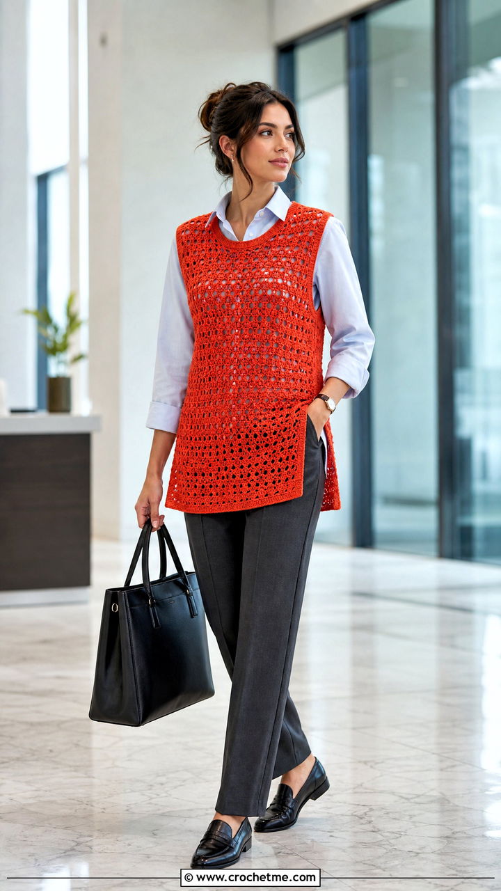 Openwork Crochet Tunic With Shirt And Trousers - 35 crochet tunic outfit ideas