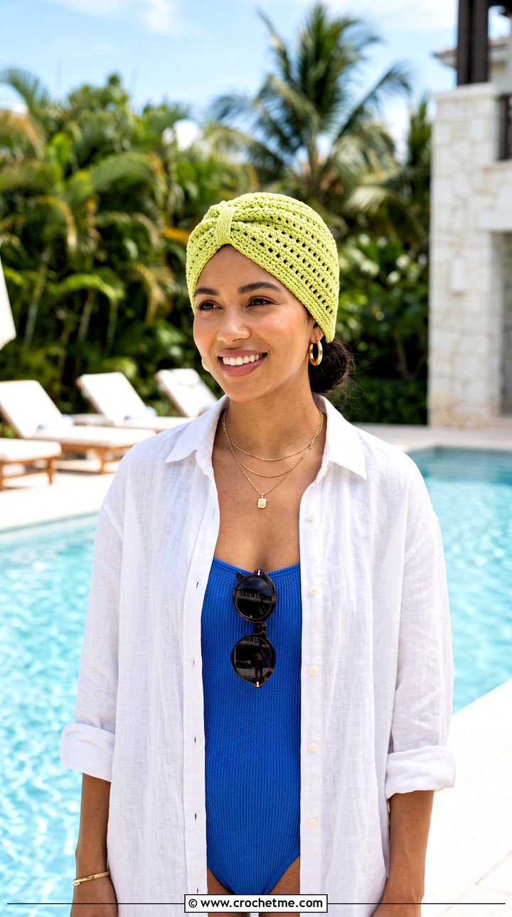 Openwork Crochet Turban Hat With Swimsuit And Cover Up - 35 crochet turban hat outfit ideas