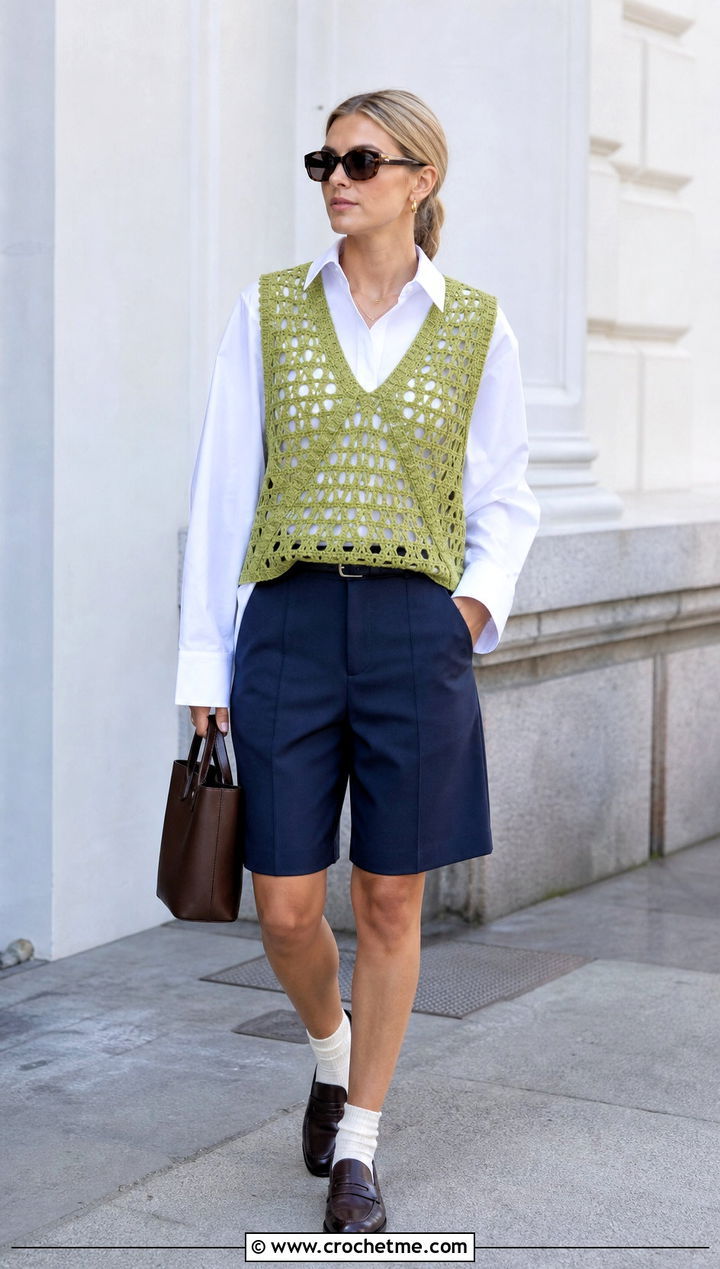 Openwork Crochet Vest Over A Poplin Shirt - 15 crochet top with openwork outfit ideas