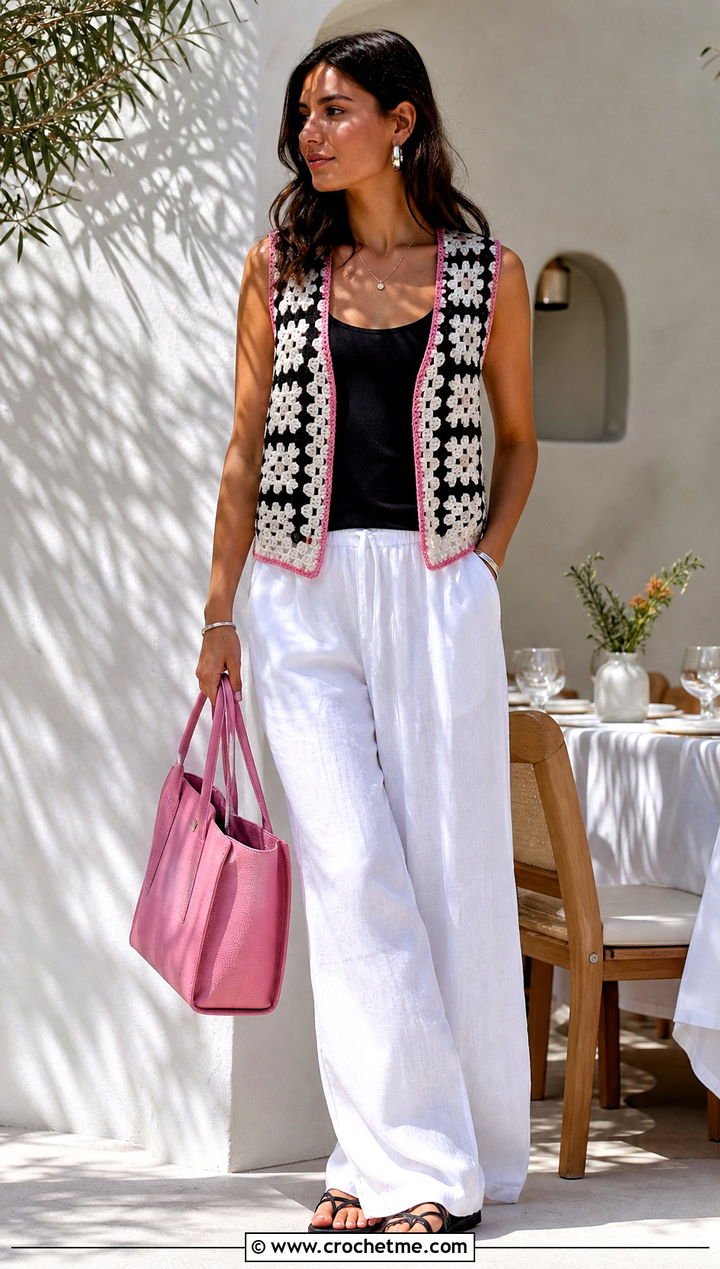 Openwork Crochet Vest With Linen Pants - 30 black and white crochet vest outfit ideas