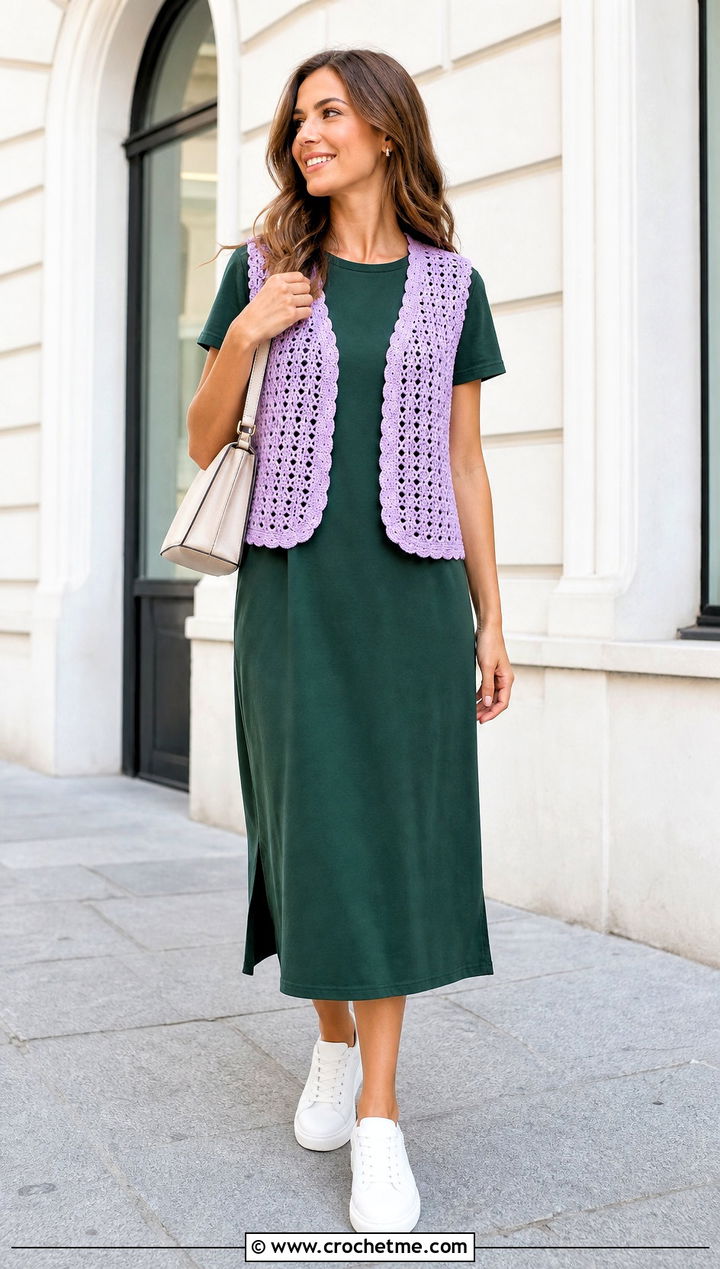 Openwork Crochet Vest With T Shirt Dress - 35 crochet vest ideas