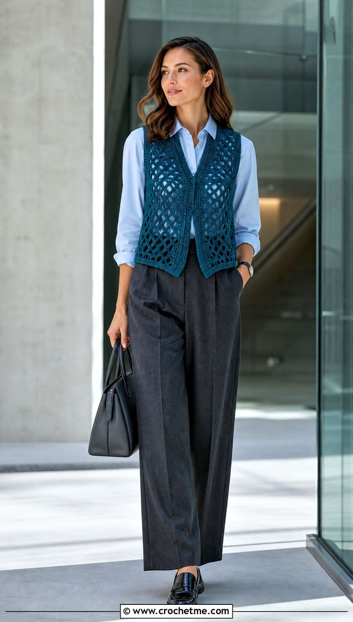 Openwork Crochet Vest With Tailored Trousers - 15 Boho Style Crochet Vest outfit ideas