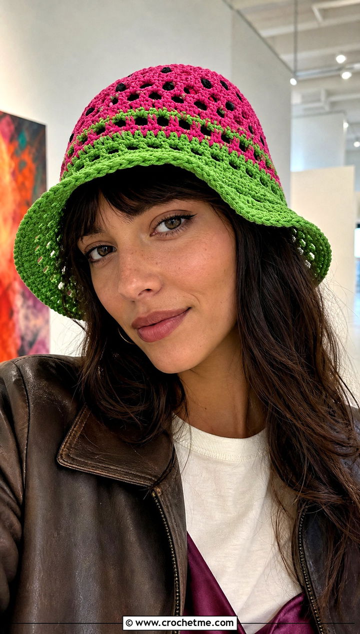 Openwork Crochet Watermelon Bucket Hat With Leather Jacket And Midi Skirt - 30 crochet watermelon bucket hat outfit ideas