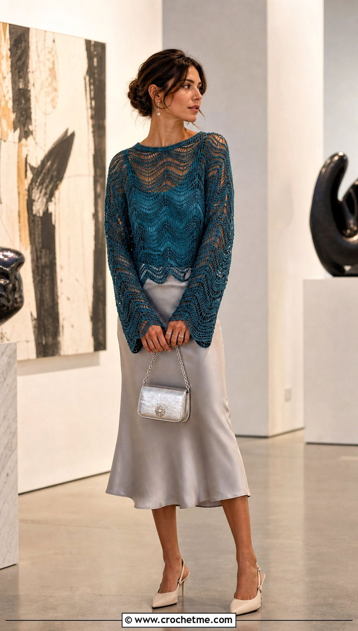 Openwork Crochet Wave Sweater With Satin Midi Skirt - 30 crochet wave sweater outfit ideas