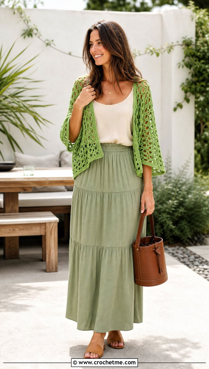 Openwork Crochet Wrap Shrug With Tiered Maxi Skirt - 35 Crochet Wrap Shrug outfit ideas