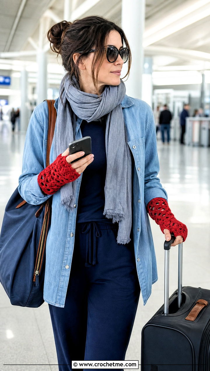 Openwork Crochet Wrist Warmers With Airport Outfit - 25 Diy Crochet Fingerless Gloves outfit ideas