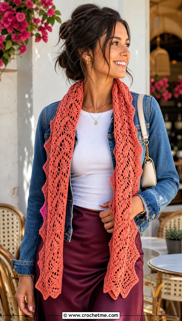Openwork Crochet Zig Zag Scarf With Slip Dress - 20 Crochet Zig Zag Scarf outfit ideas