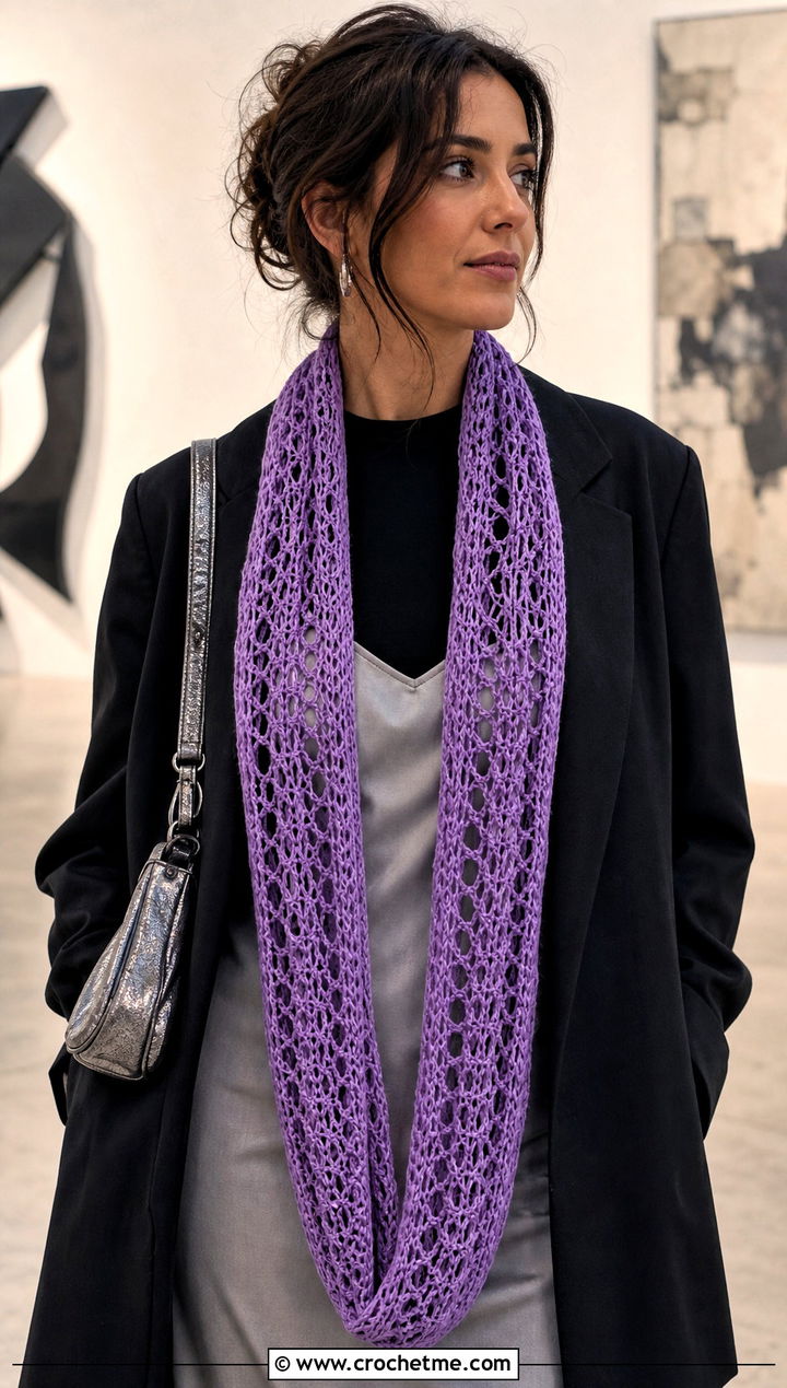 Openwork Crocheted Infinity Scarf With Slip Dress And Blazer - 25 Crocheted Infinity Scarf outfit ideas