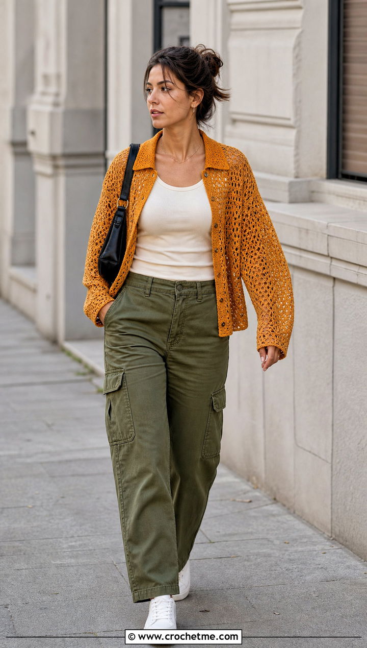 Openwork Crocheted Shirt With Cargo Pants - 35 Crocheted Shirt outfit ideas
