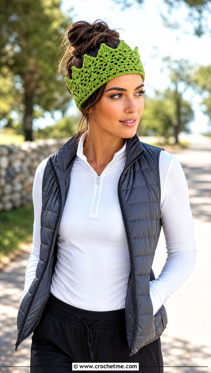 Openwork Crown Ear Warmer With Quilted Vest And Joggers - 25 crochet crown ear warmer outfit ideas