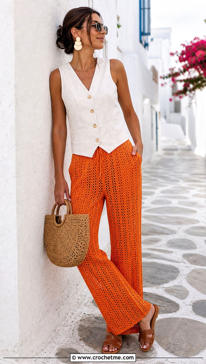 Openwork Drawstring Crochet Pants With Linen Vest - 25 colorful crochet pants outfit ideas