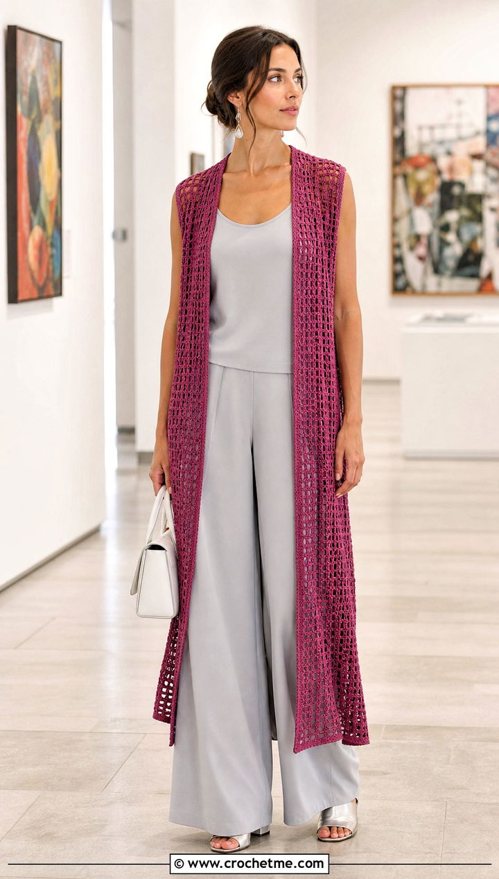 Openwork Duster Crochet Vest With Monochrome Separates - 25 crochet open front vest outfit ideas