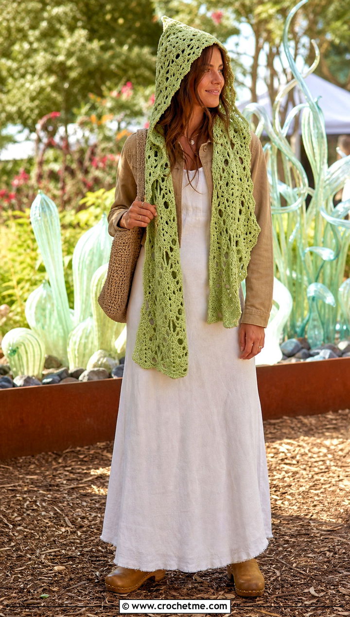 Openwork Fairy Crochet Hood With Maxi Dress And Clogs - 25 pointy crochet hat outfit ideas