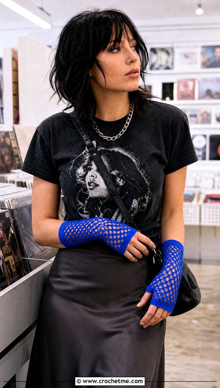 Openwork Fishnet Fingerless Gloves With Band Tee And Satin Skirt - 30 crocheted fingerless gloves outfit ideas