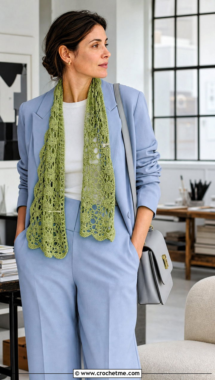 Openwork Floral Shawl With Monochrome Suit And Sneakers - 15 sophie digard crochet shawl outfit ideas