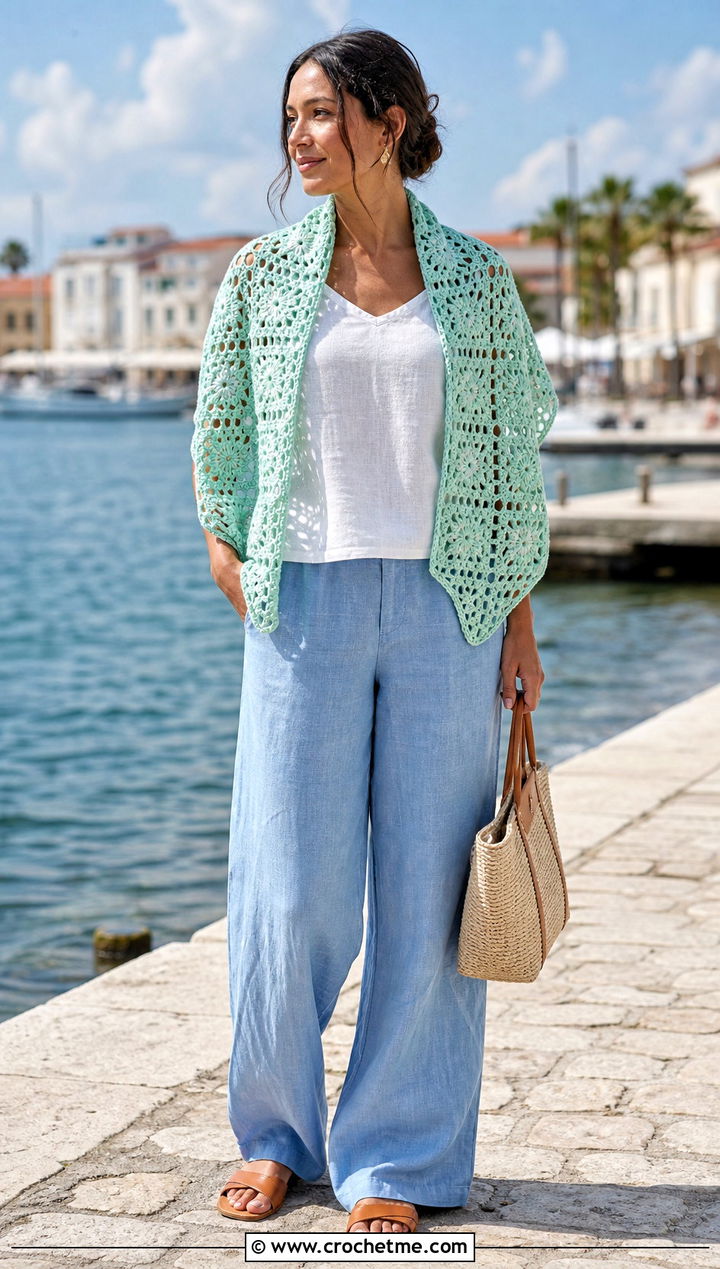 Openwork Granny Scarf With Summer Linen Outfit - 35 granny crochet scarf outfit ideas