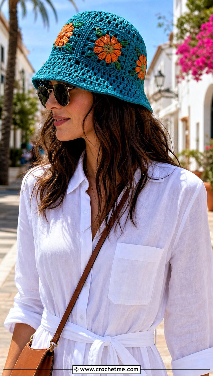 Openwork Granny Square Bucket Hat With Shirt Dress - 30 crochet square hat outfit ideas