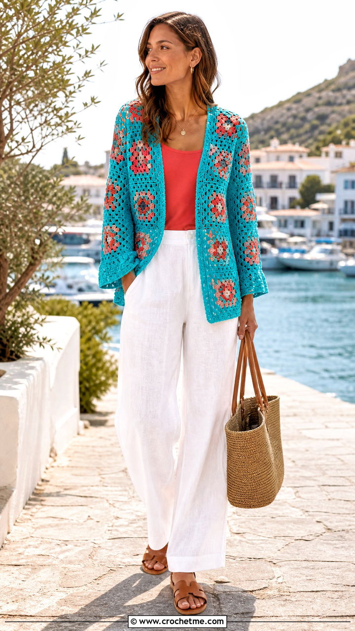 Openwork Granny Square Cardigan With Tank And Linen Pants - 35 crochet granny square cardigan outfit ideas