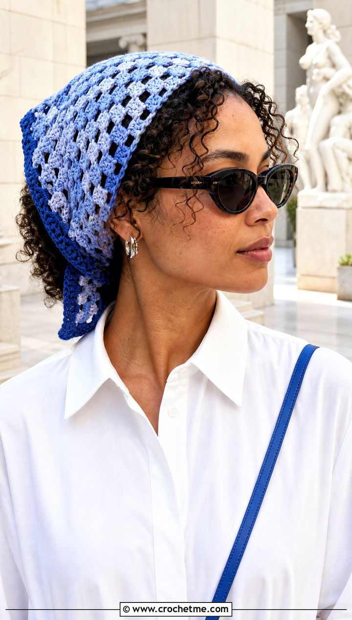 Openwork Granny Square Hair Scarf With Poplin Dress And Sneakers - 25 granny square hair scarf outfit ideas