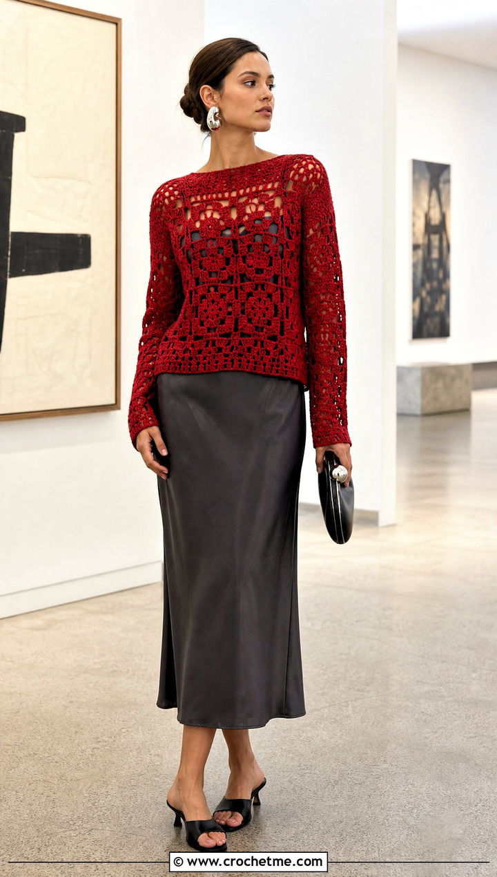 Openwork Granny Square Pullover Sweater With Slip Dress - 25 crochet granny square pullover sweater outfit ideas